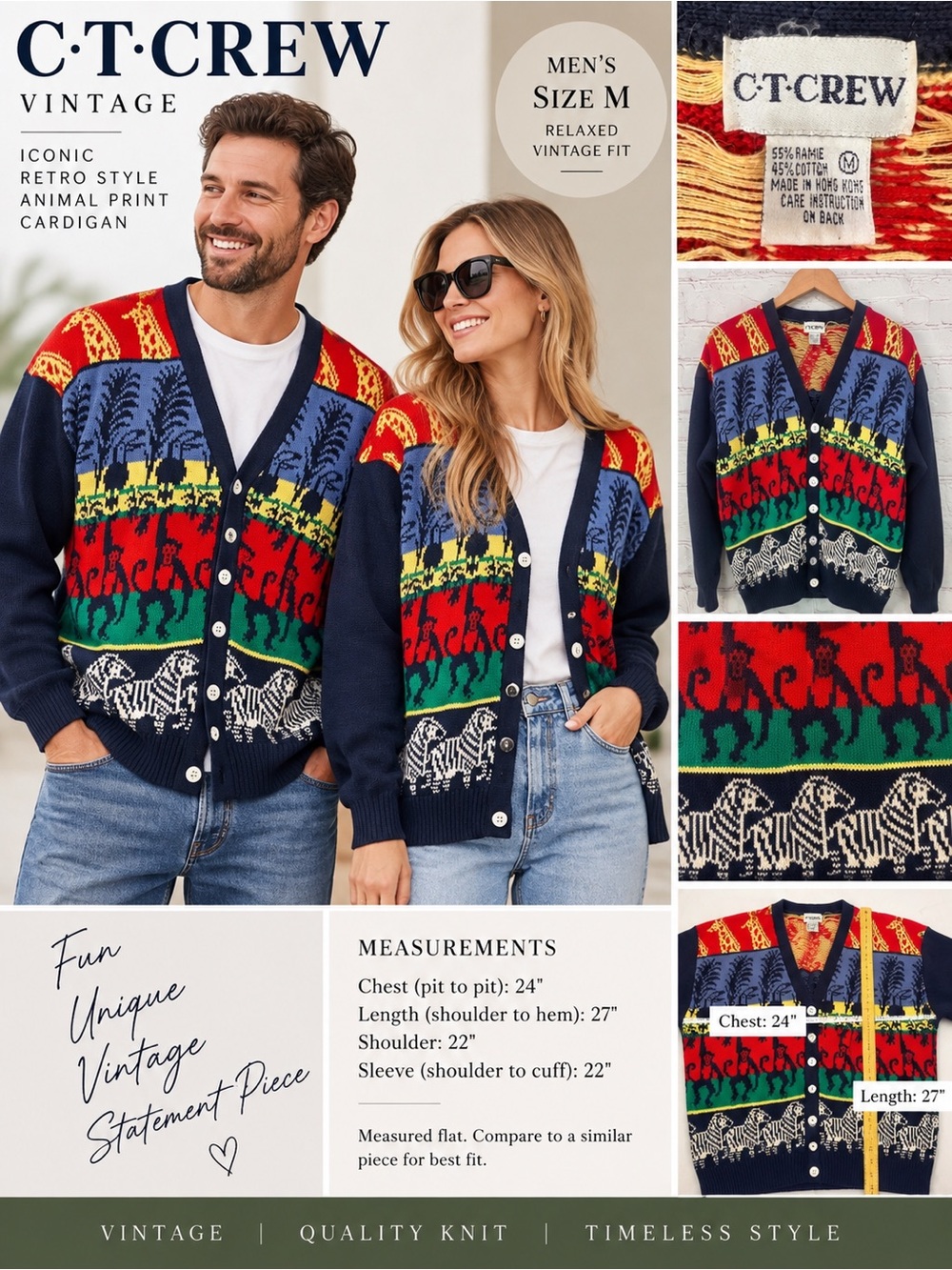 Vintage men’s cardigan sweater animal monkey bird colorful oversized medium